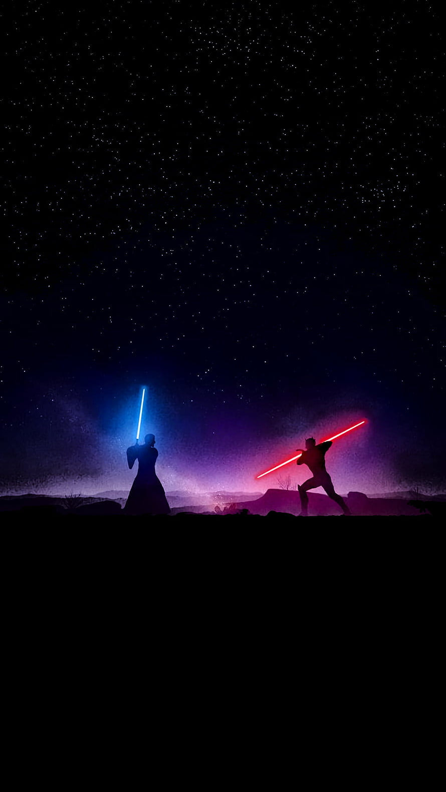 Star Wars Lightsaber Duel Silhouettes Under a Starry Night Sky HD phone wallpaper