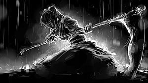 Monochrome Anime Girl Wielding a Scythe in Heavy Rain HD wallpaper