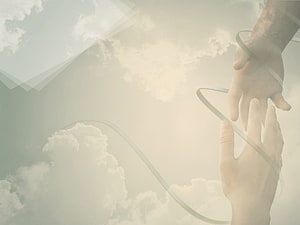 Hand of God Reaching Through Clouds with Ribbon and Geometric Overlay HD wallpaper