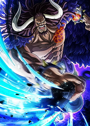 Kaido from One Piece in a Dynamic Anime Battle Pose with Blue Energy Effects HD phone wallpaper