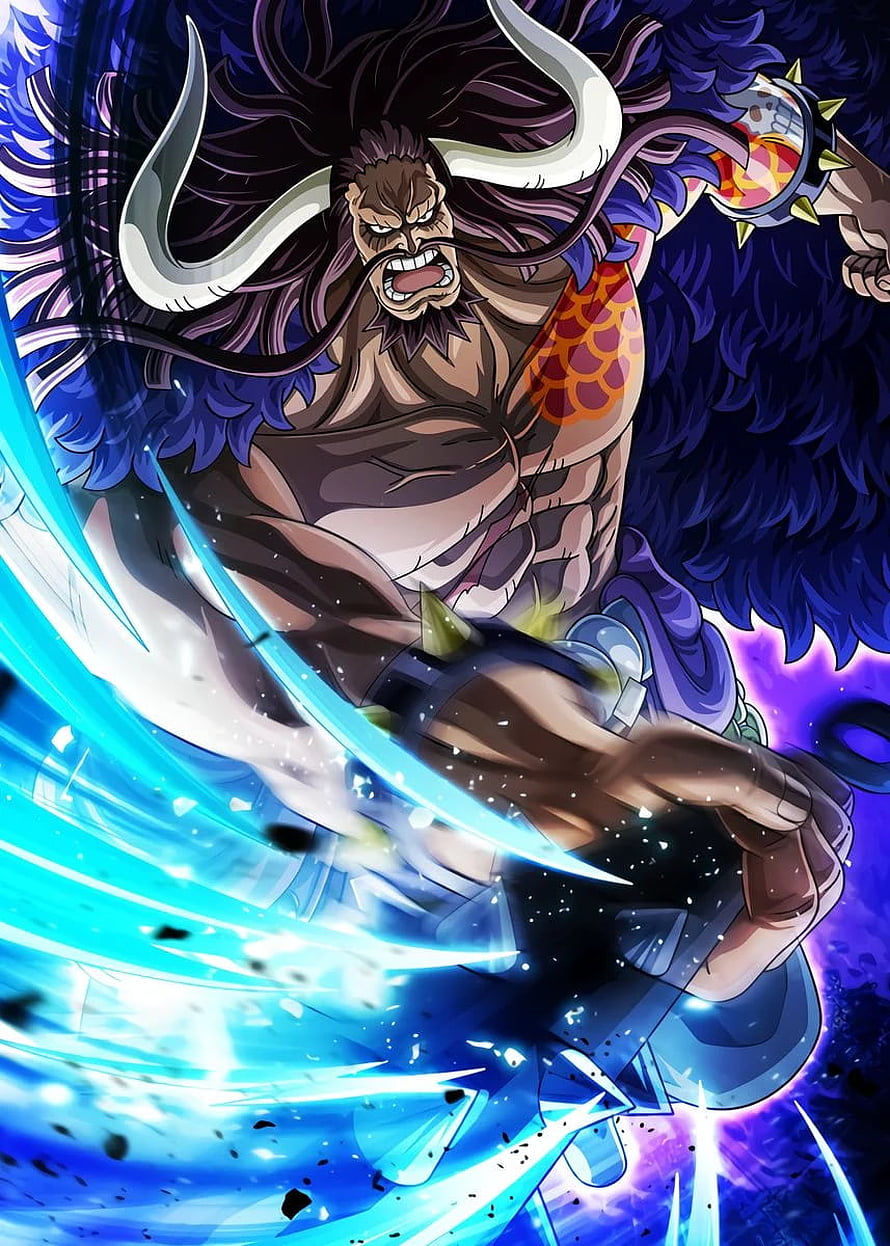 Kaido from One Piece in a Dynamic Anime Battle Pose with Blue Energy Effects HD phone wallpaper