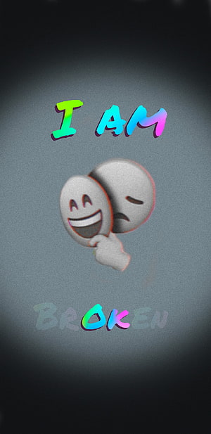 I Am Broken 3D Mask Emoji with Neon Gradient Text on Dark Background HD phone wallpaper