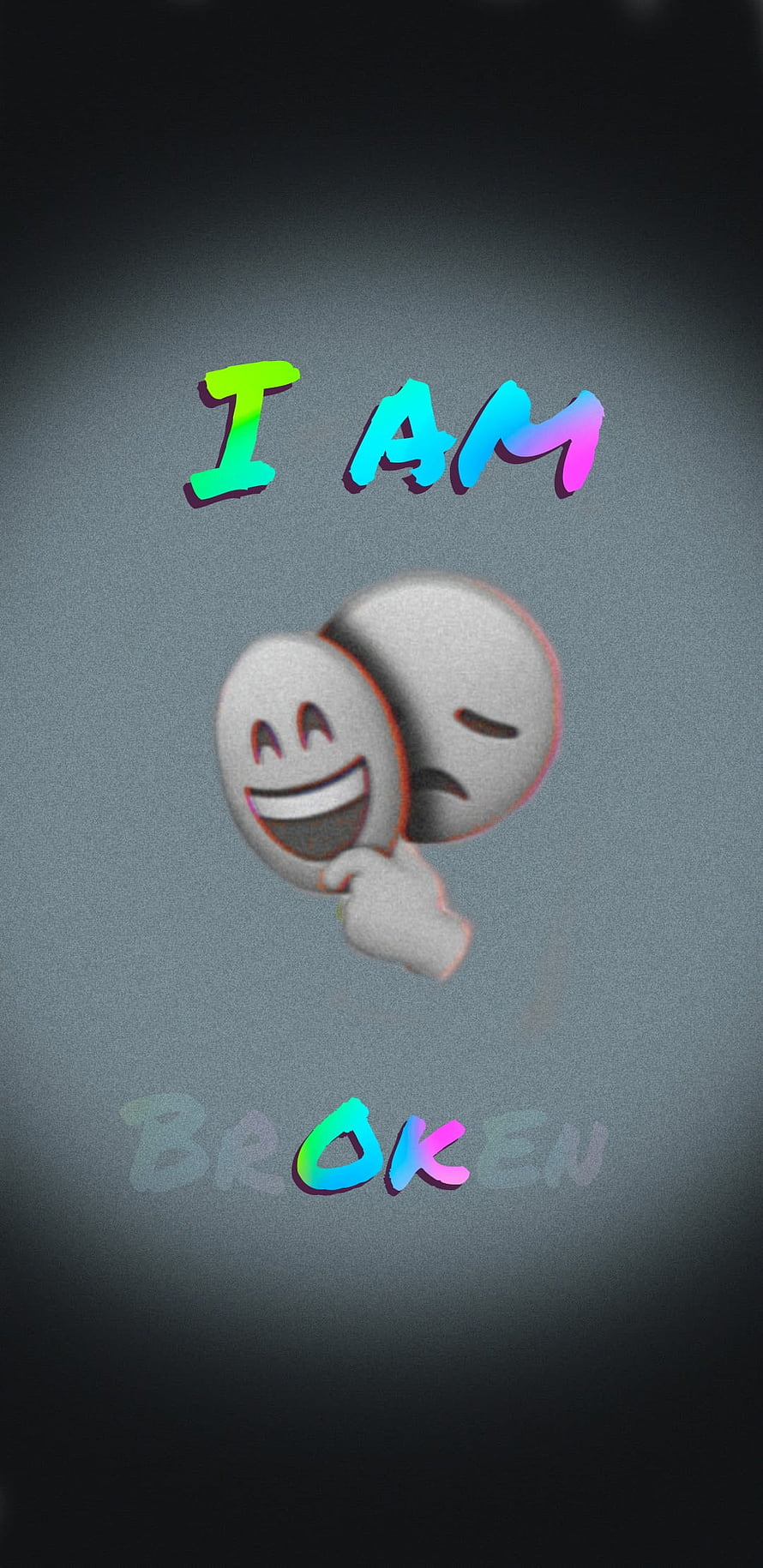 I Am Broken 3D Mask Emoji with Neon Gradient Text on Dark Background HD phone wallpaper
