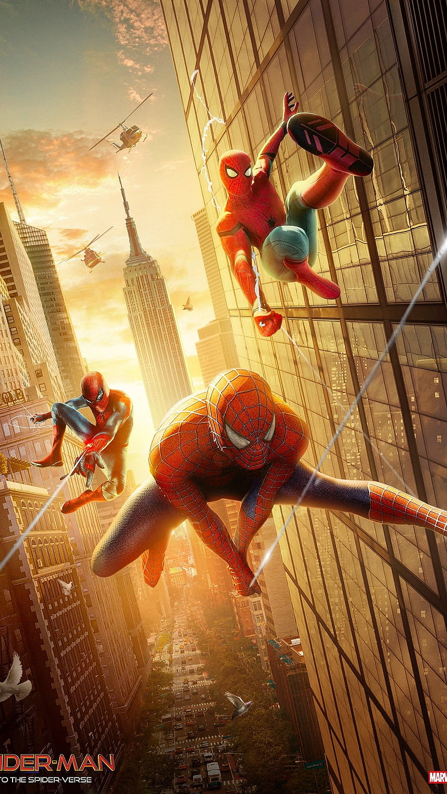 Spider-Man No Way Home Movie Poster Featuring Three Spider-Men Swinging Through New York City Skyline HD phone wallpaper
