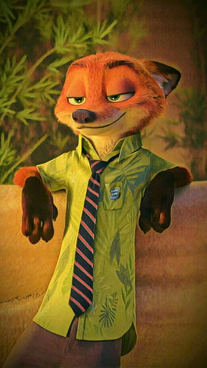 Nick Wilde from Zootopia in a tropical shirt and striped tie with a confident smirk HD phone wallpaper