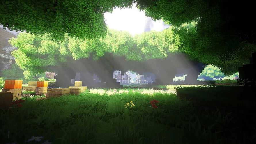 Minecraft Shaders Forest Scene with Sunlight Rays and Lush Greenery HD wallpaper
