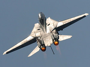F-14 Tomcat Fighter Jet in Flight with Afterburners Engaged Against Clear Blue Sky HD wallpaper