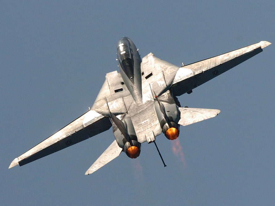 F-14 Tomcat Fighter Jet in Flight with Afterburners Engaged Against Clear Blue Sky HD wallpaper