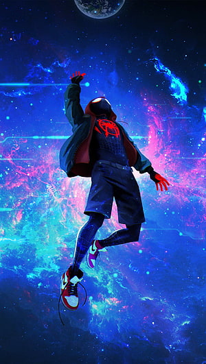 Miles Morales Floating in Cosmic Nebula with Earth in the Distance HD phone wallpaper