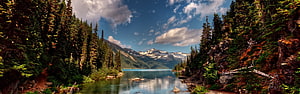 Serene Alpine Lake Framed by Dense Evergreen Forest and Snow-Capped Mountains HD wallpaper