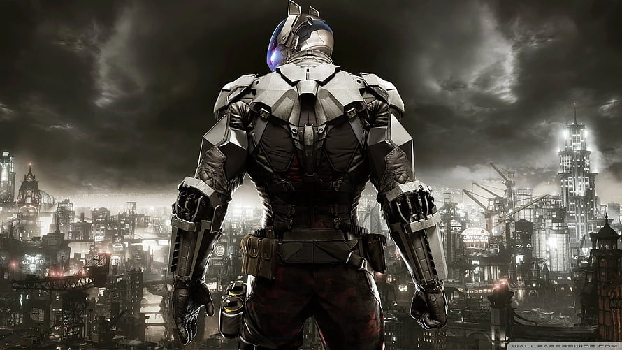 Armored Soldier Standing Over Dystopian City Under Stormy Sky HD wallpaper