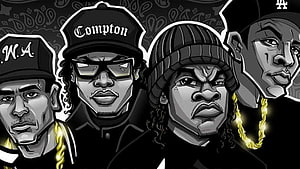NWA Group Portrait Illustration with Compton and LA Caps in Black and White Style HD wallpaper