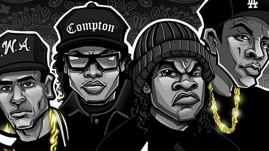 NWA Group Portrait Illustration with Compton and LA Caps in Black and White Style HD wallpaper