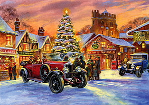 Vintage Christmas Village Scene with Classic Cars and Snowy Street HD wallpaper