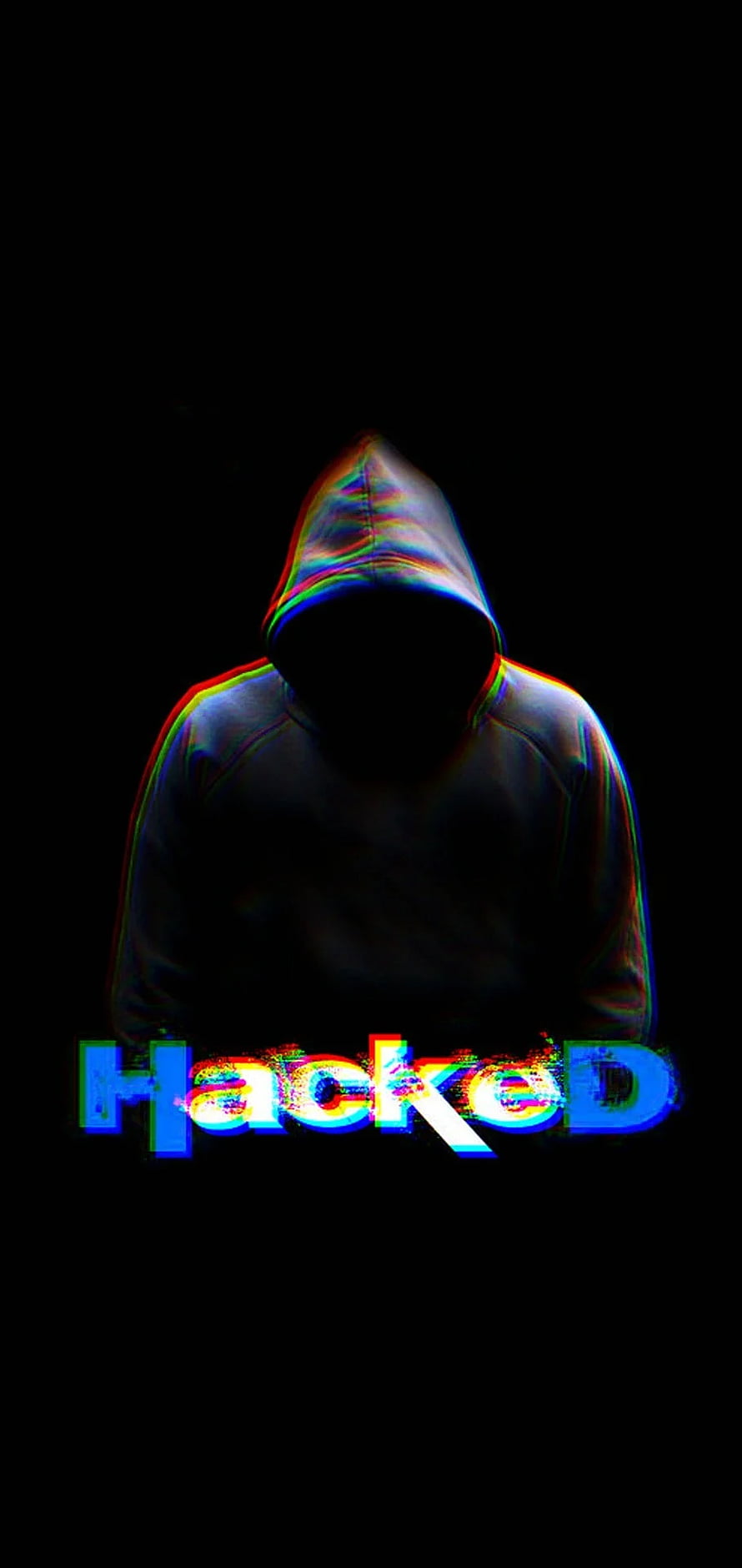 Glitch Art Hacker Hoodie Silhouette with Neon RGB Distortion on Black Background HD phone wallpaper