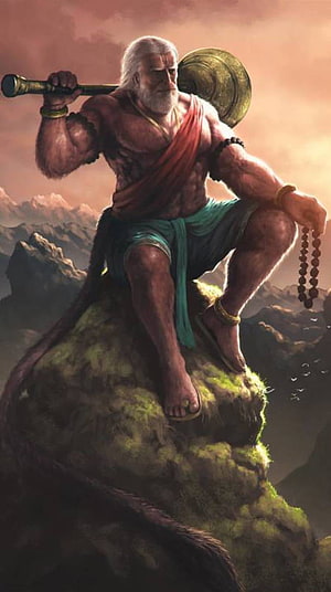 Hanuman Ji Artwork: Muscular Deity with Mace and Prayer Beads on a Mountain Peak, Hanuman Ji Art HD phone wallpaper