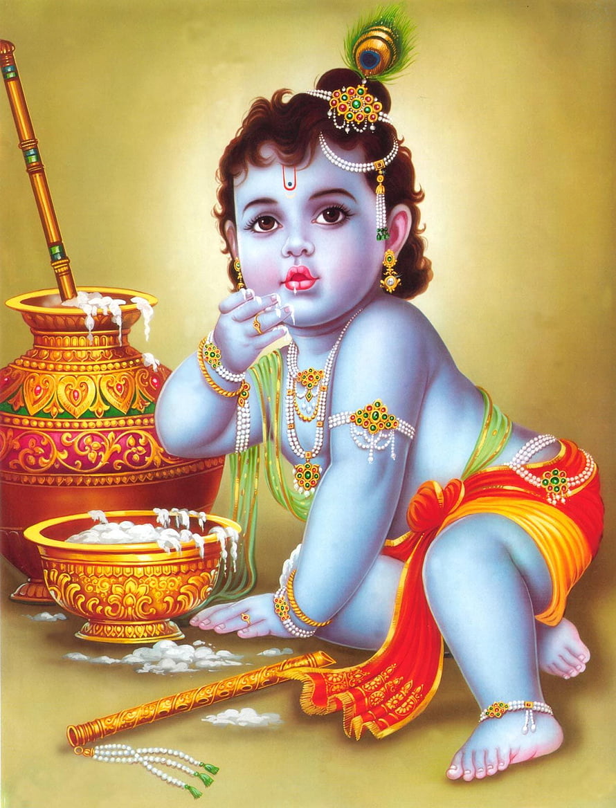 Baby Krishna Eating Butter from a Golden Pot with Peacock Feather Crown HD phone wallpaper