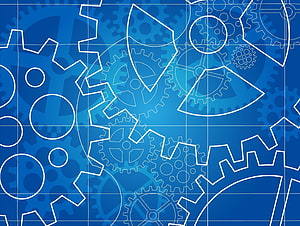 Blue Mechanical Engineering Blueprint with Interlocking Gears and Technical Grid Lines HD wallpaper