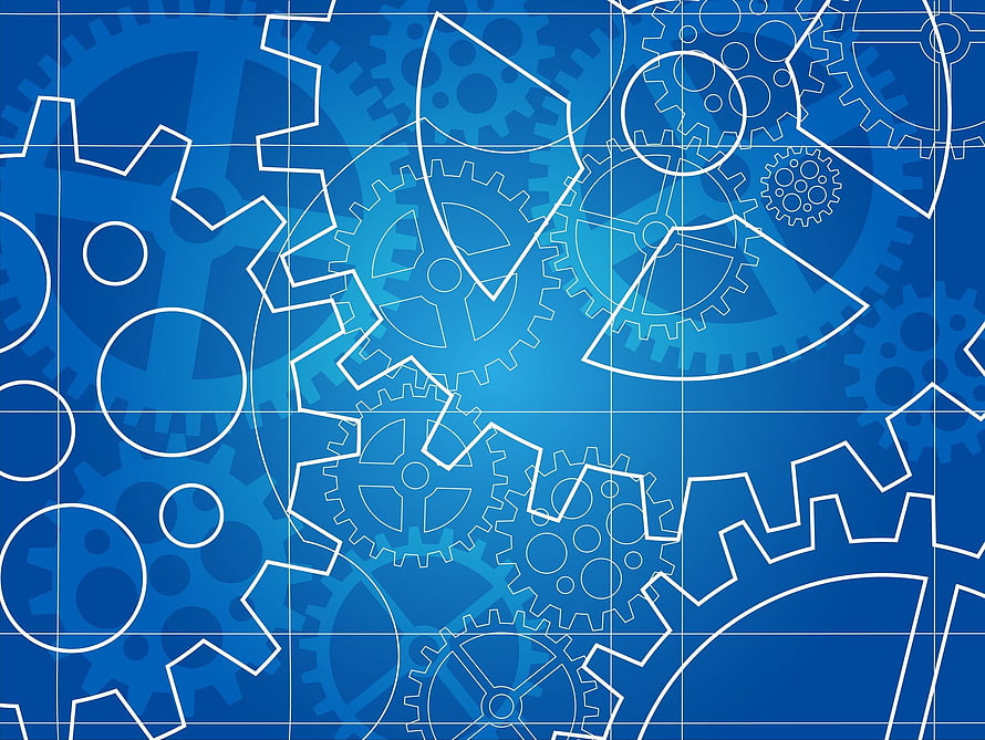 Blue Mechanical Engineering Blueprint with Interlocking Gears and Technical Grid Lines HD wallpaper