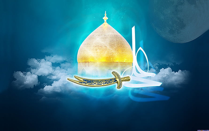 Hazrat Ali Calligraphy with Golden Dome and Scimitar Under Moonlit Sky HD wallpaper