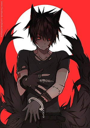 Dark Anime Wolf Demon Boy with Red Eyes and Black Tails HD phone wallpaper