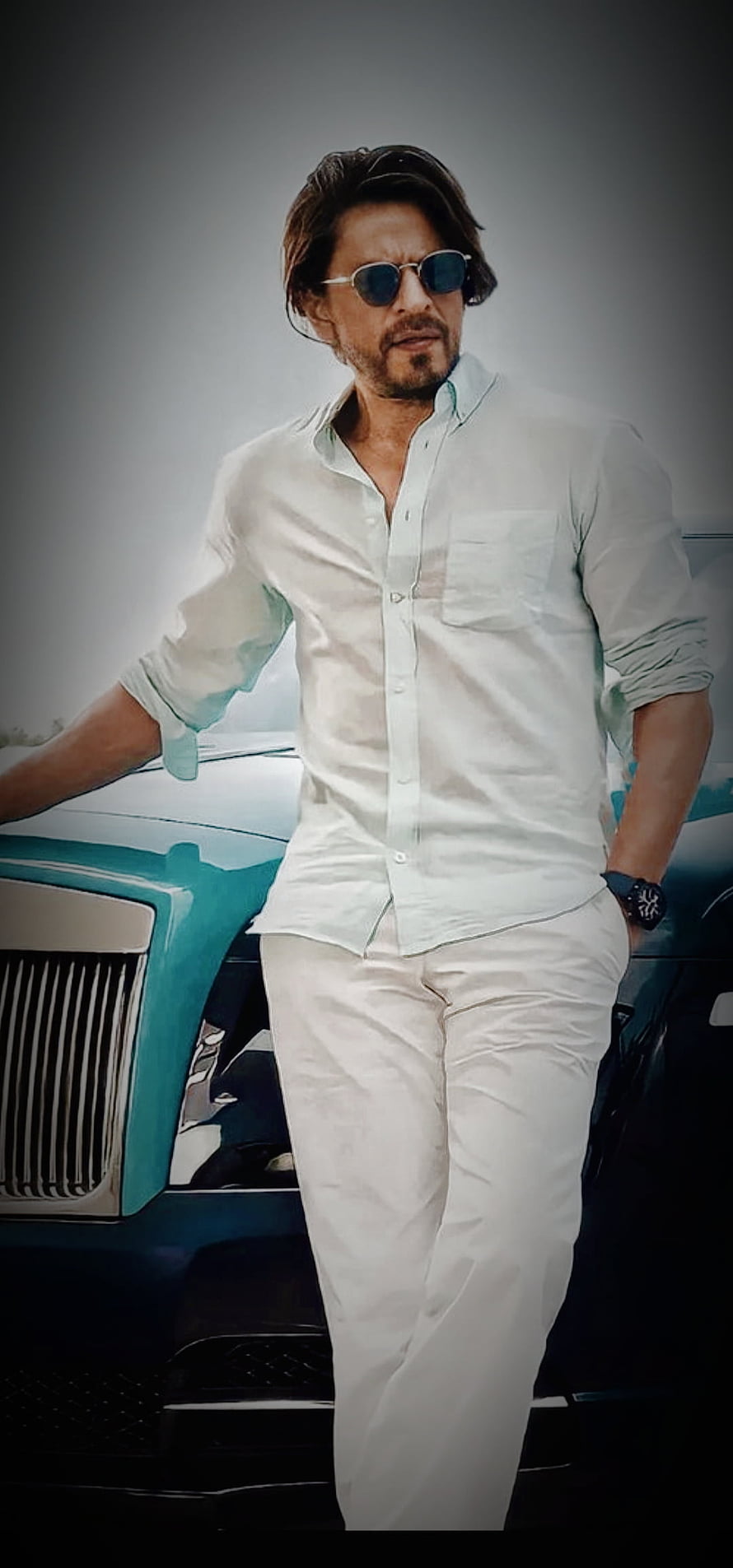 Shah Rukh Khan in White Linen Outfit Leaning Against Teal Luxury Car HD phone wallpaper