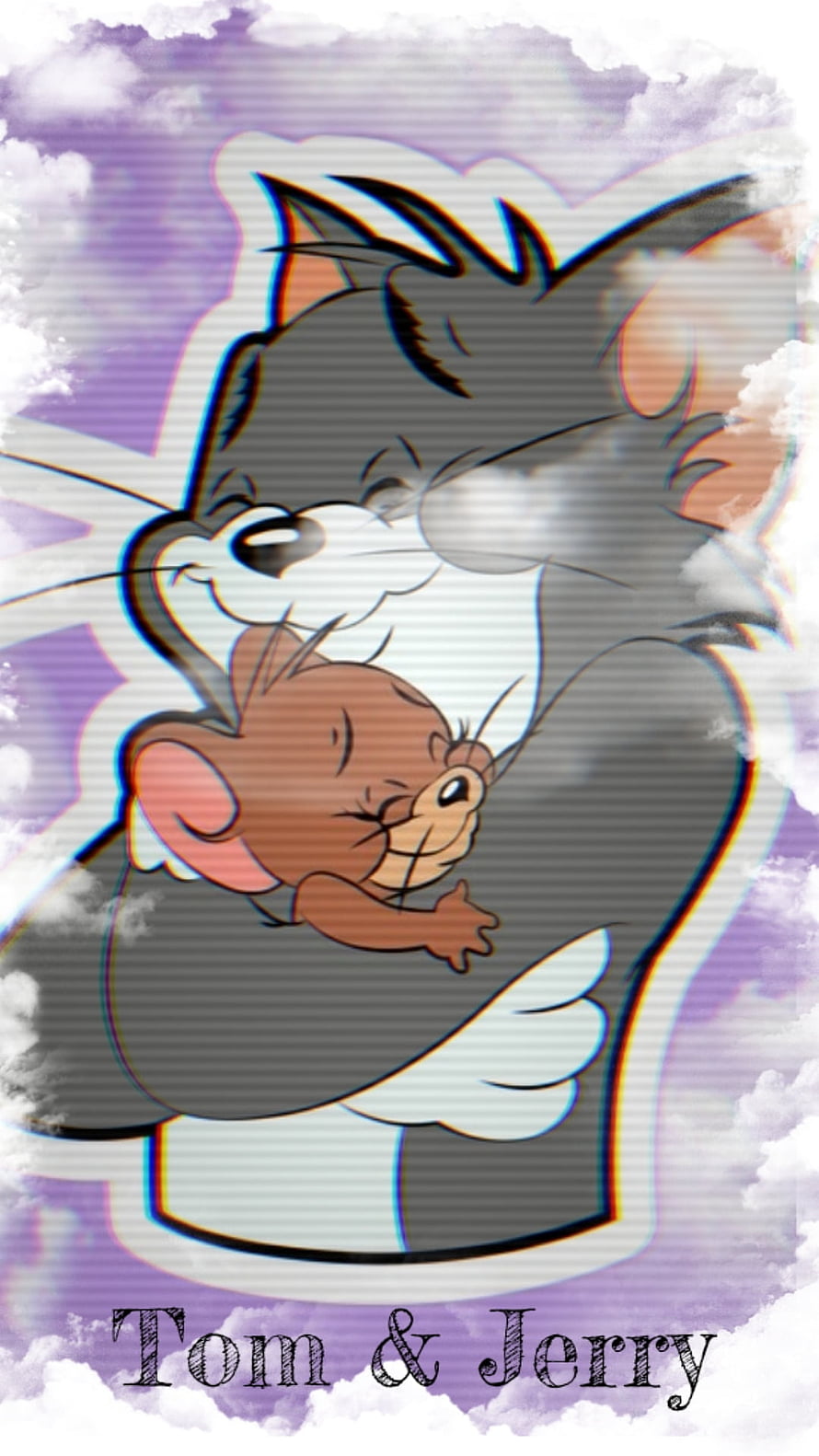 Tom and Jerry Embracing in a Dreamy Purple Cloudscape with Retro Vignette HD phone wallpaper