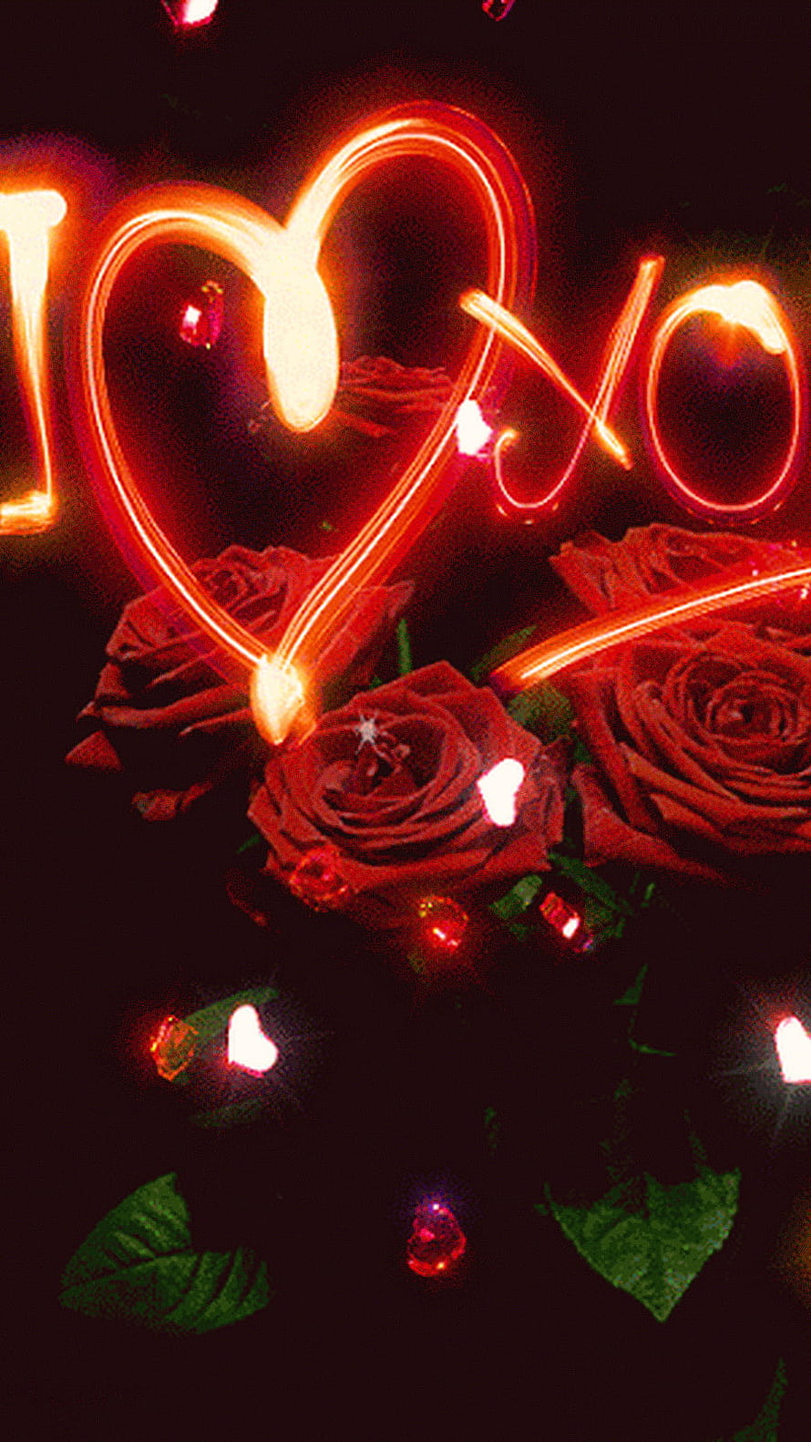 Glowing Neon Heart Over Red Roses in Dark Romantic Setting HD phone wallpaper