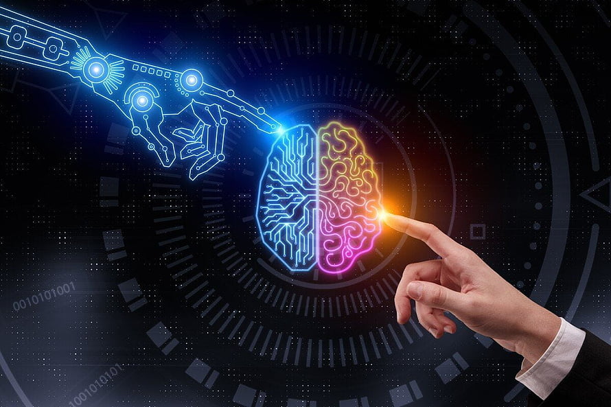 Human and robotic hands touching a glowing brain split between circuitry and neural pathways HD wallpaper