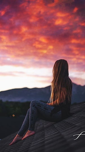 Woman Sitting on Wooden Deck Watching Vibrant Sunset Over Distant Mountains, Alone, Alone Girl, Sad Girl HD phone wallpaper