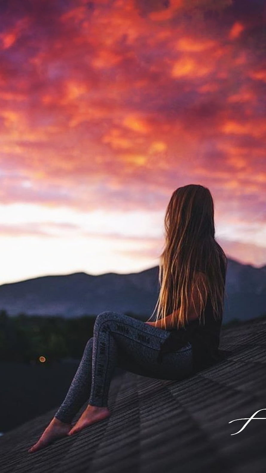 Woman Sitting on Wooden Deck Watching Vibrant Sunset Over Distant Mountains, Alone, Alone Girl, Sad Girl HD phone wallpaper