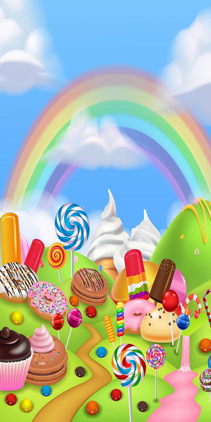 Whimsical Candy Land Landscape with Rainbow, Lollipops, and Pastel Desserts HD phone wallpaper