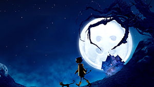 Coraline and the Black Cat Silhouetted Against a Giant Moon and Spooky House HD wallpaper