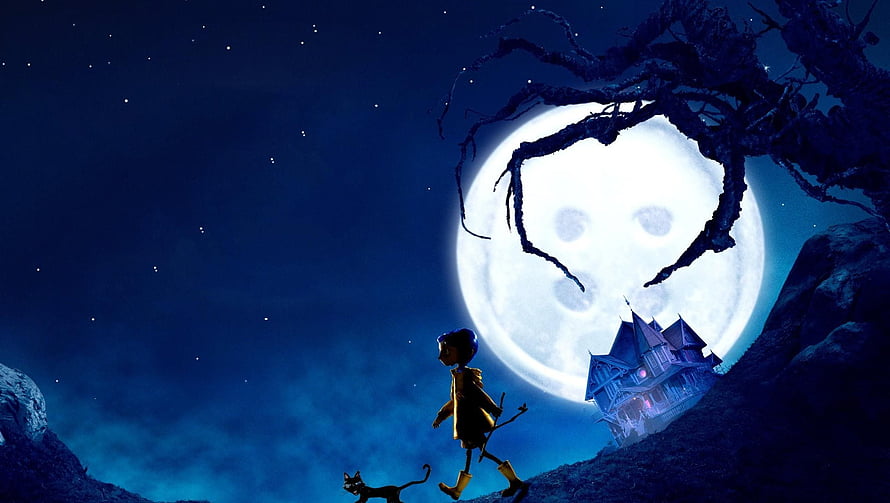 Coraline and the Black Cat Silhouetted Against a Giant Moon and Spooky House HD wallpaper