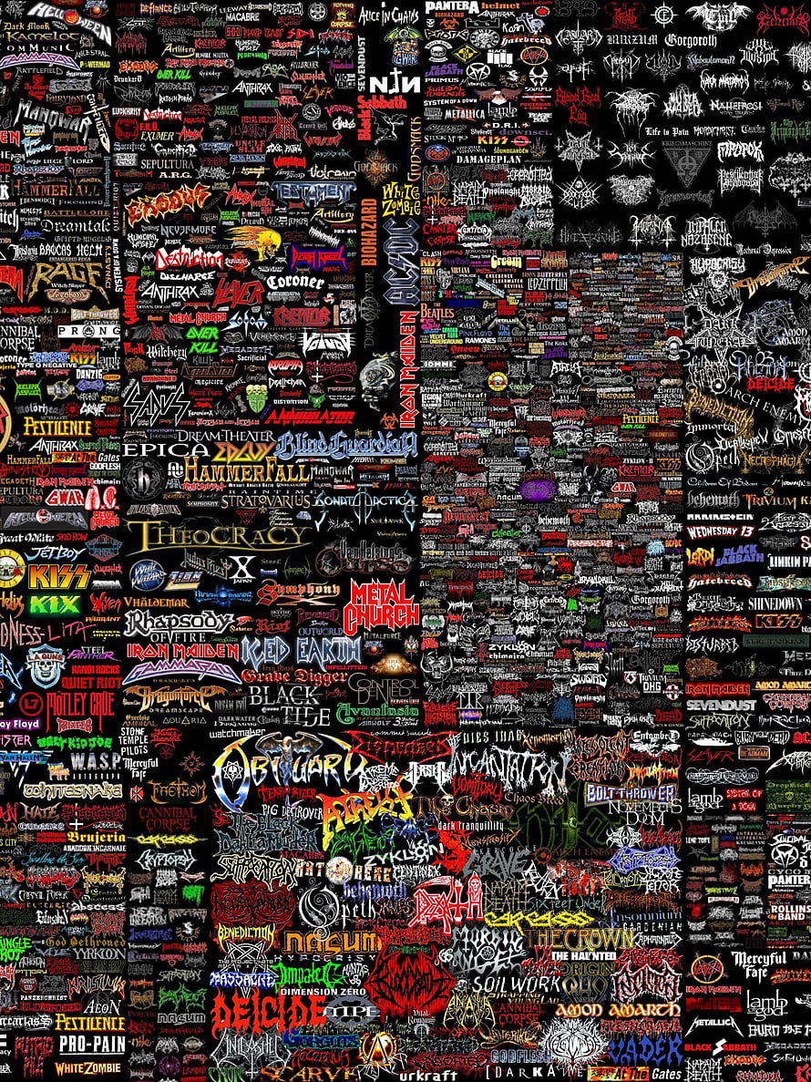 Dense Collage of Heavy Metal Band Logos and Typography on Black Background HD phone wallpaper