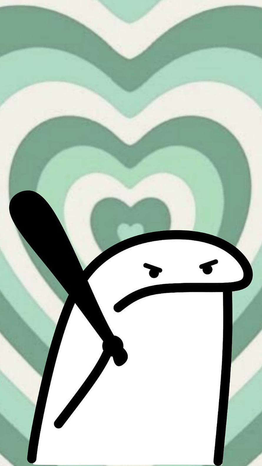 Minimalist Doodle Character Holding a Bat Against a Layered Green Heart Pattern HD phone wallpaper