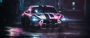 Ford Mustang GT R with racing stripes on a wet city street at night under neon lights HD wallpaper