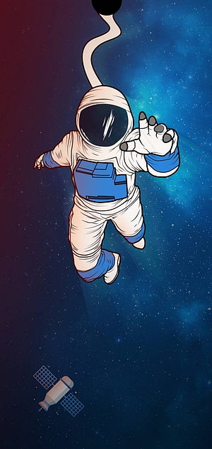Cartoon Astronaut Floating in Deep Space with Satellite and Starry Nebula Background HD phone wallpaper