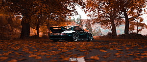 RWB Porsche 911 GT2 parked on a leaf-covered road in autumn HD wallpaper