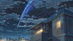 Anime Night Sky with Meteor Shower Over Japanese City House HD wallpaper