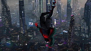 Miles Morales Upside Down Over City in Spider-Man Into the Spider-Verse, Spider Man Into The Spider Verse Live Live , Spiderman Upside Down HD wallpaper