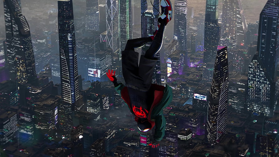 Miles Morales Upside Down Over City in Spider-Man Into the Spider-Verse, Spider Man Into The Spider Verse Live Live , Spiderman Upside Down HD wallpaper