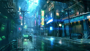 Rainy Cyberpunk City Street with Neon Signs and Wet Reflections HD wallpaper