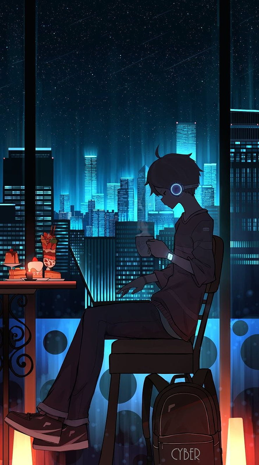 Anime Boy with Headphones Enjoying Coffee in a Cyberpunk City at Night HD phone wallpaper