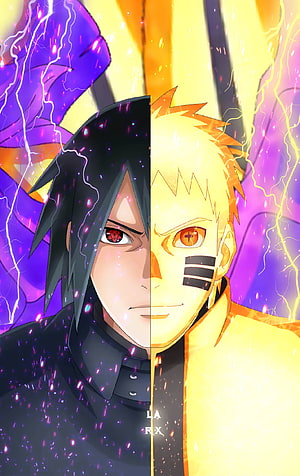 Naruto and Sasuke Split Portrait with Sharingan and Kurama Mode Energy HD phone wallpaper