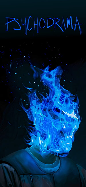 Psychodrama Blue Flame Character Portrait with Glowing Text on Dark Background HD phone wallpaper
