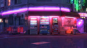 Neon-lit Japanese backstreet with glowing vending machines in a rainy cyberpunk night scene HD wallpaper