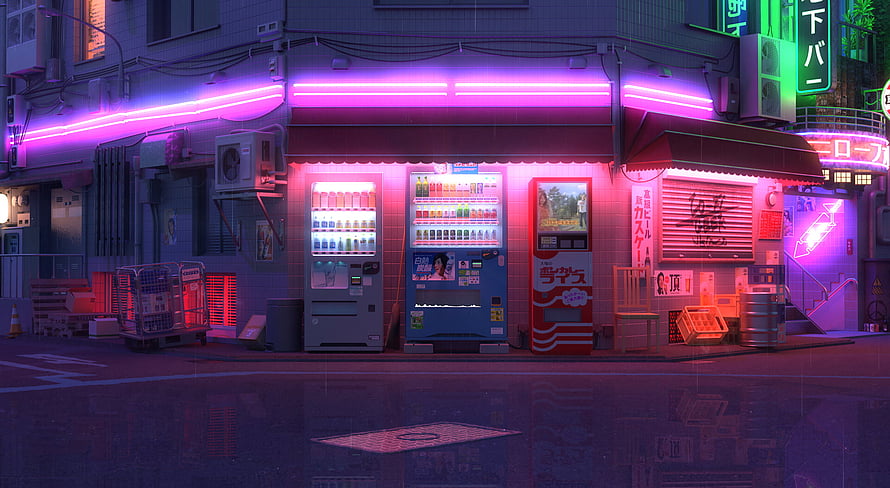 Neon-lit Japanese backstreet with glowing vending machines in a rainy cyberpunk night scene HD wallpaper