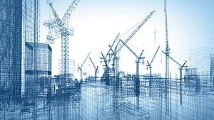 Blueprint Wireframe of Urban Construction Site with Tower Cranes and High-Rise Buildings HD wallpaper