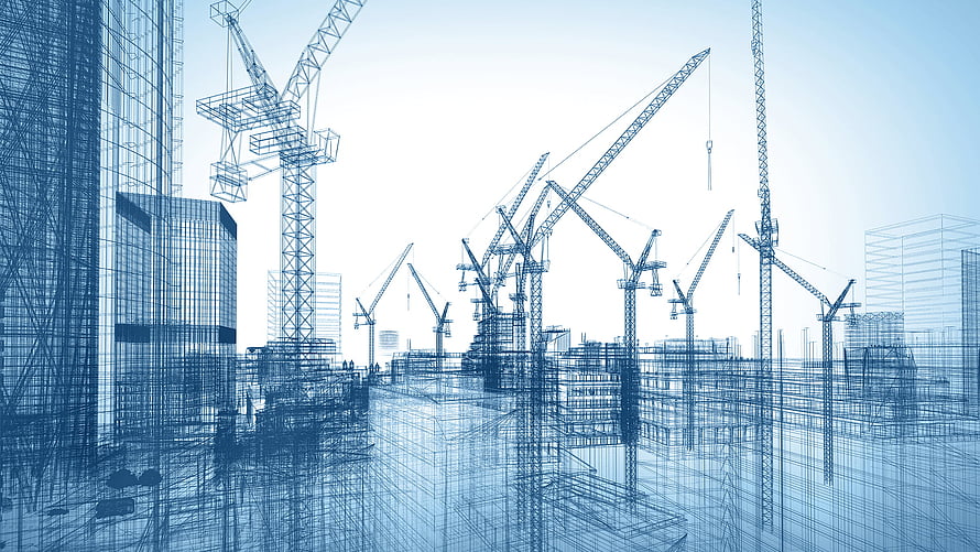 Blueprint Wireframe of Urban Construction Site with Tower Cranes and High-Rise Buildings HD wallpaper